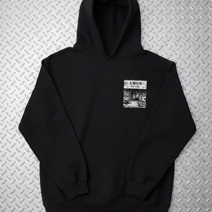 A black hoodie with a graphic design on the front pocket.