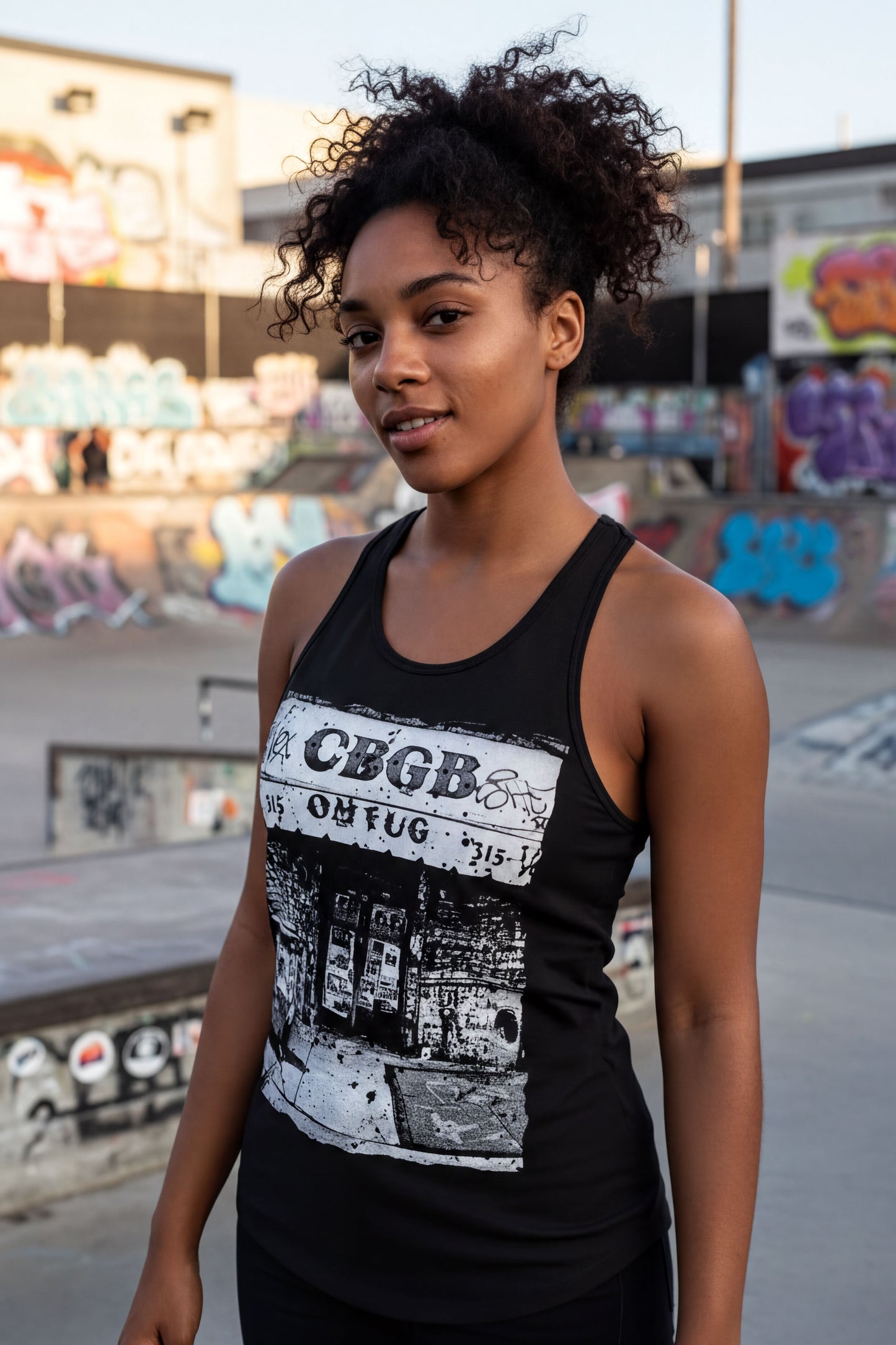 A young woman with curly hair is standing in a skate park, wearing a black tank top with a graphic design.