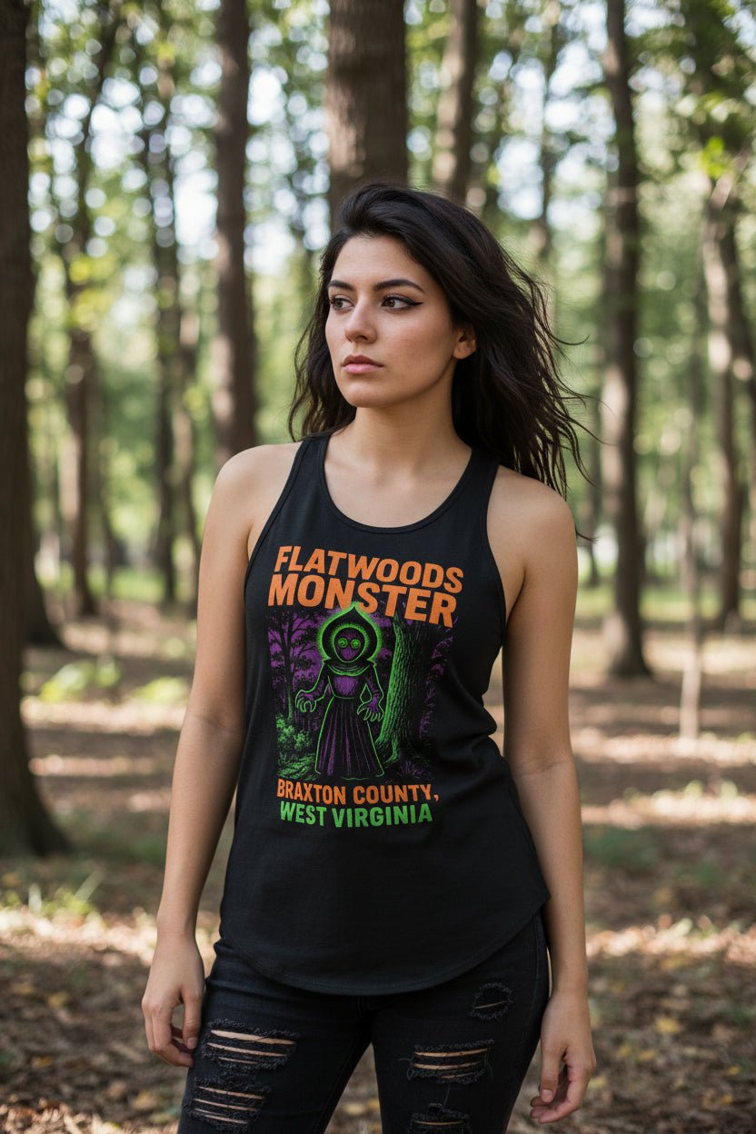 T-Shirt - Flatwoods Monster West Virginia Racerback Tank | Ladies Racerback Tank Top Next Level 1533 | Cryptids, Alien & UFO | Retro & Vintage from SHIRT MONSTERS (Formally Crypto Zoo Tees)