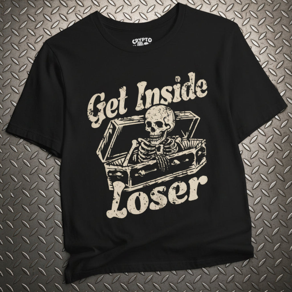 T-Shirt - Get Inside Loser Tee | Skeleton in Coffin Goth Dark Humor Shirt | Bella + Canvas Unisex T-shirt from Crypto Zoo Tees