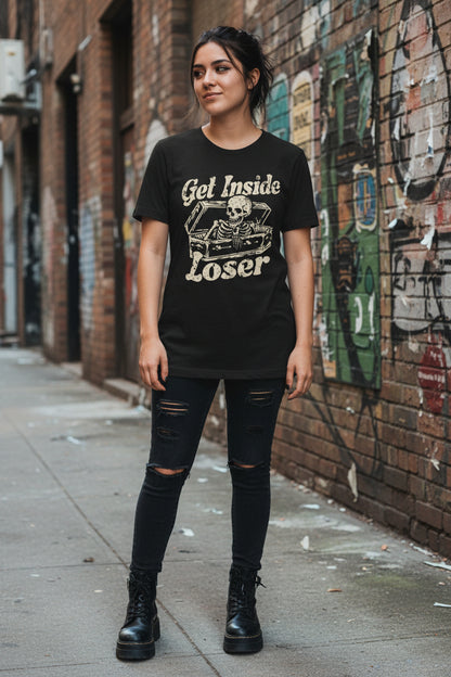 T-Shirt - Get Inside Loser Tee | Skeleton in Coffin Goth Dark Humor Shirt | Bella + Canvas Unisex T-shirt from Crypto Zoo Tees