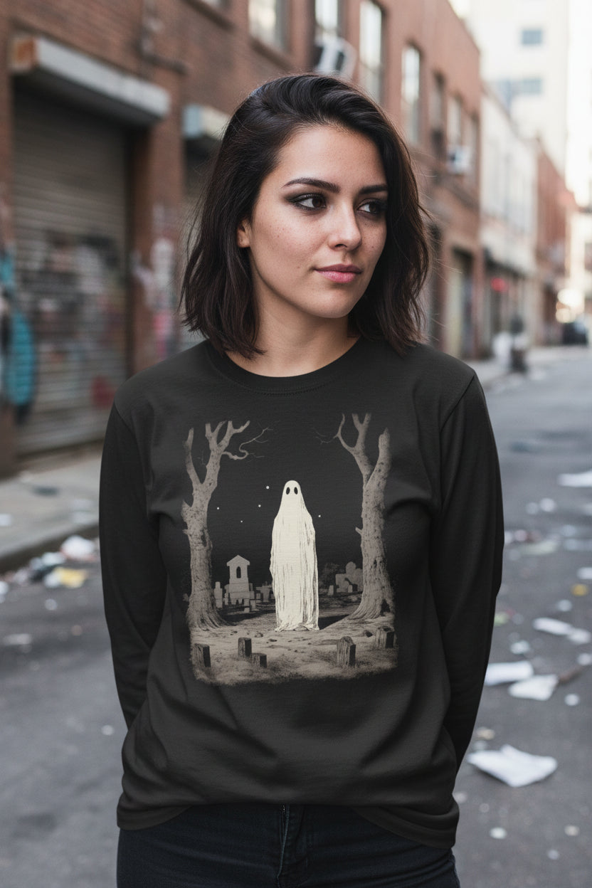 T-Shirt - Ghost in Cemetery | Halloween, Horror | Unisex Shirt, Ladies Tee, Tank Top, Long Sleeve, Sweatshirt, Hoodie from Crypto Zoo Tees