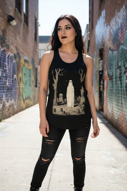 T-Shirt - Ghost in Cemetery | Halloween, Horror | Unisex Shirt, Ladies Tee, Tank Top, Long Sleeve, Sweatshirt, Hoodie from Crypto Zoo Tees