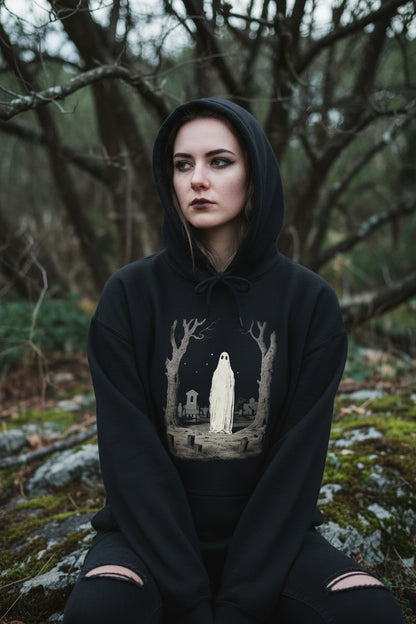 T-Shirt - Ghost in Cemetery | Halloween, Horror | Unisex Shirt, Ladies Tee, Tank Top, Long Sleeve, Sweatshirt, Hoodie from Crypto Zoo Tees
