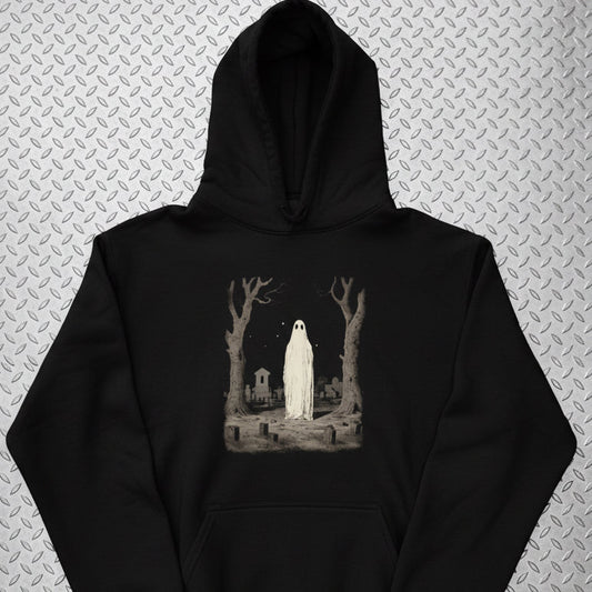 T-Shirt - Ghost in Cemetery Hoodie | Unisex Pullover Hoodie - Gildan | Ghosts & Paranormal, Halloween, Horror | Goth/Gothic from SHIRT MONSTERS