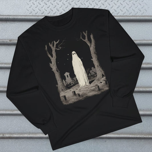 T-Shirt - Ghost in Cemetery Long Sleeve Tee | Unisex Long Sleeve Tee - Guldan 2400 | Ghosts & Paranormal, Halloween, Horror | Goth/Gothic from SHIRT MONSTERS