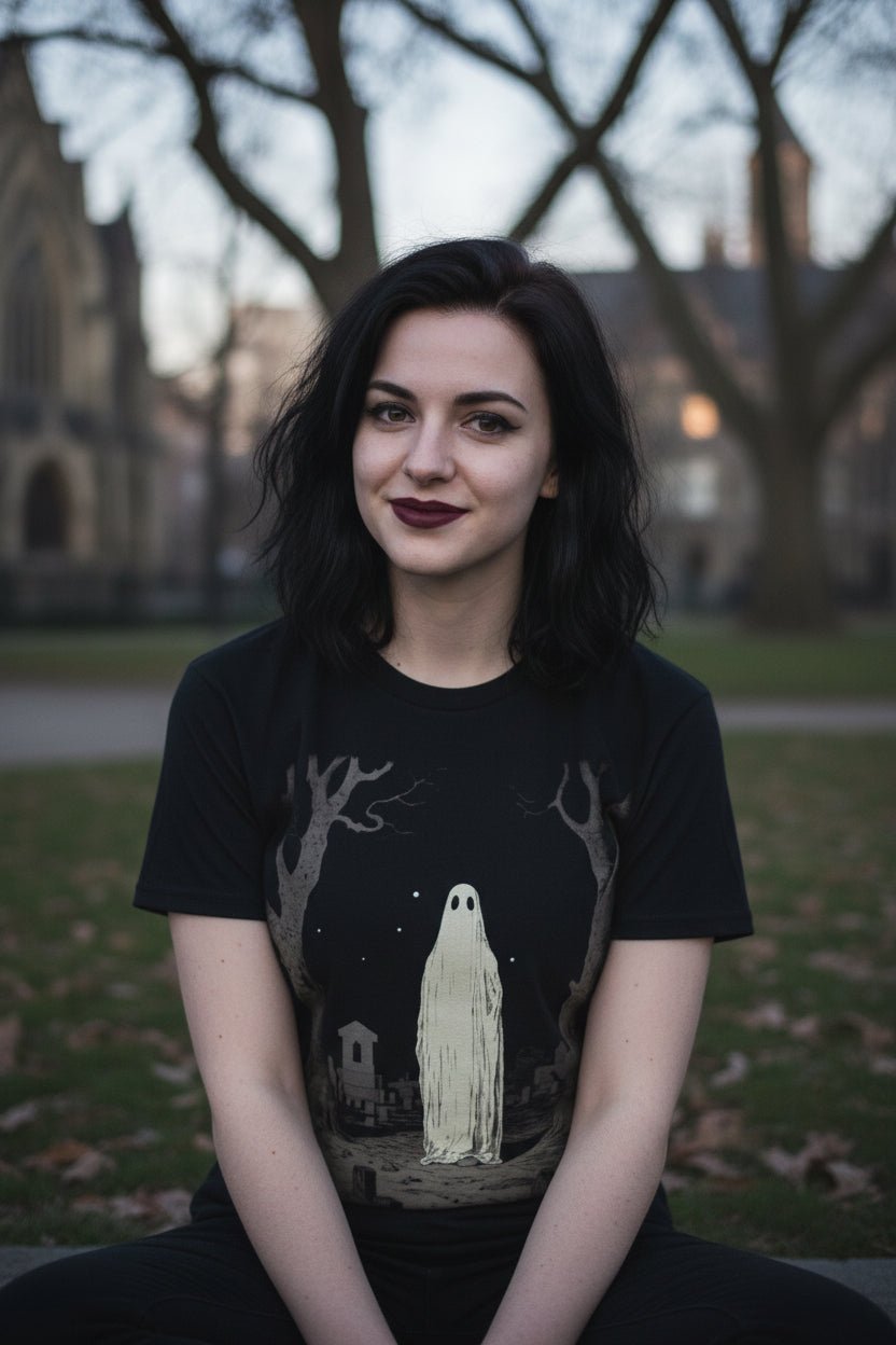 T-Shirt - Ghost In Cemetery Shirt | Ladies Tee - Gildan 5000L | Horror, Halloween | Goth/Gothic from SHIRT MONSTERS
