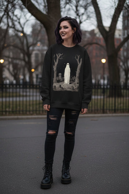T-Shirt - Ghost in Cemetery Sweatshirt | Unisex Crewneck Sweatshirt - Gildan 18000 | Ghosts & Paranormal, Halloween, Horror | Goth/Gothic from SHIRT MONSTERS
