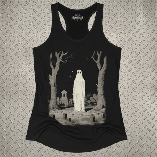 T-Shirt - Ghost in Cemetery Tank Top | Ladies Racerback Tank Top - Next Level 1533 | Ghosts & Paranormal, Halloween, Horror | Goth/Gothic from SHIRT MONSTERS