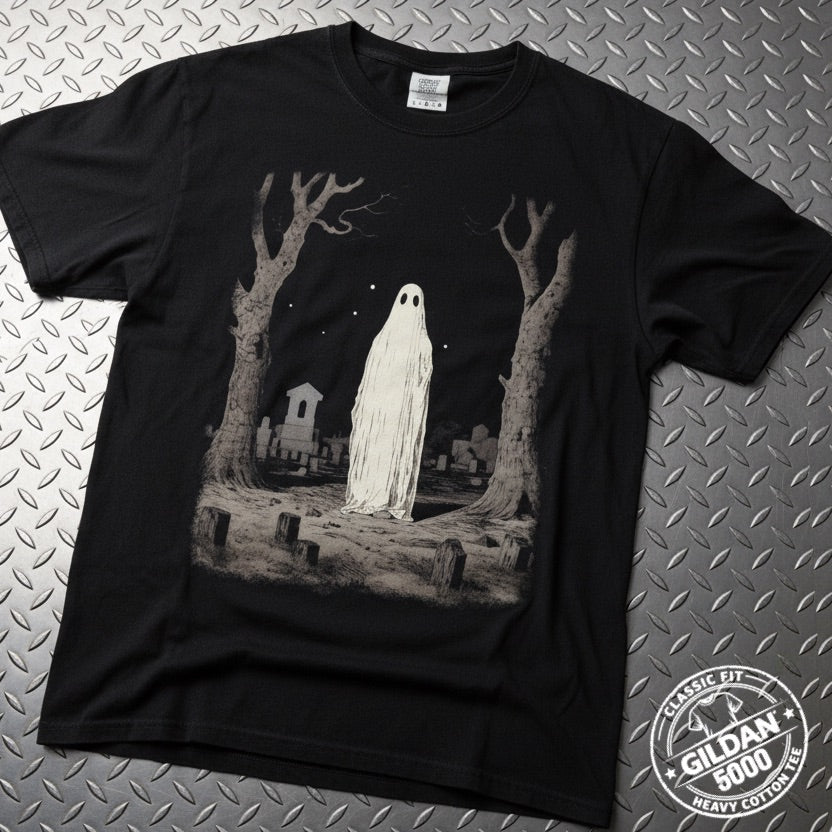 T-Shirt - Ghost in Cemetery | Unisex Heavy Cotton - Gildan 5000 | Halloween, Horror | Goth/Gothic from Crypto Zoo Tees