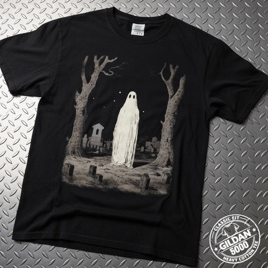 T-Shirt - Ghost in Cemetery | Unisex Heavy Cotton - Gildan 5000 | Halloween, Horror | Goth/Gothic from Crypto Zoo Tees