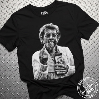 T-Shirt - Granny Middle Finger Holding a Jameson Whiskey Tee | Bella + Canvas Unisex T-shirt from Crypto Zoo Tees