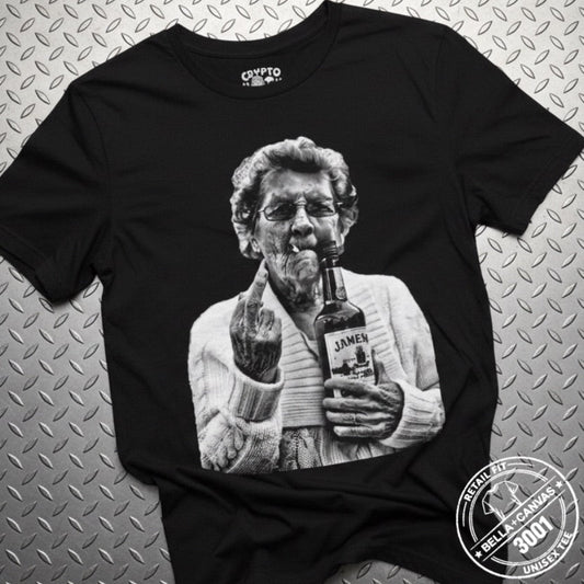 T-Shirt - Granny Middle Finger Holding a Jameson Whiskey Tee | Bella + Canvas Unisex T-shirt from Crypto Zoo Tees