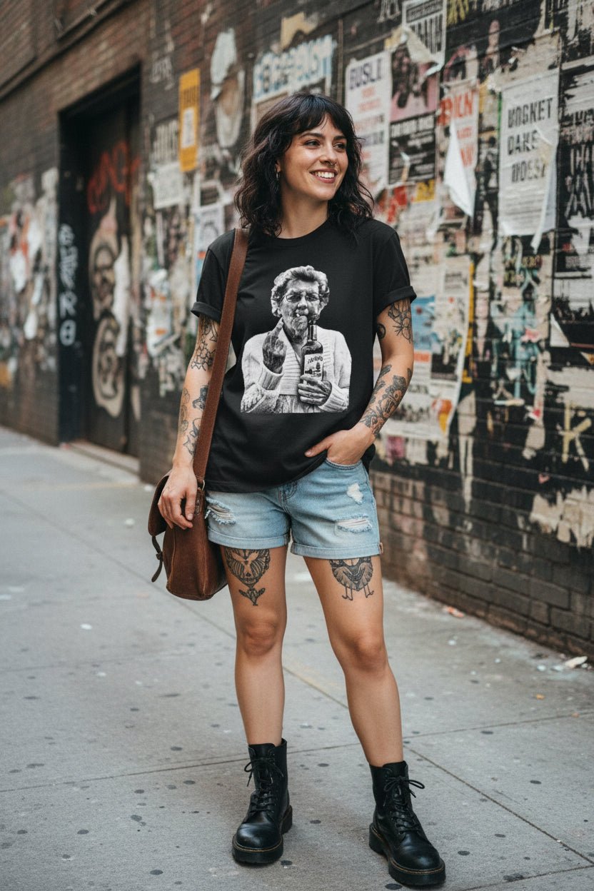 T-Shirt - Granny Middle Finger Holding a Jameson Whiskey Tee | Bella + Canvas Unisex T-shirt from Crypto Zoo Tees