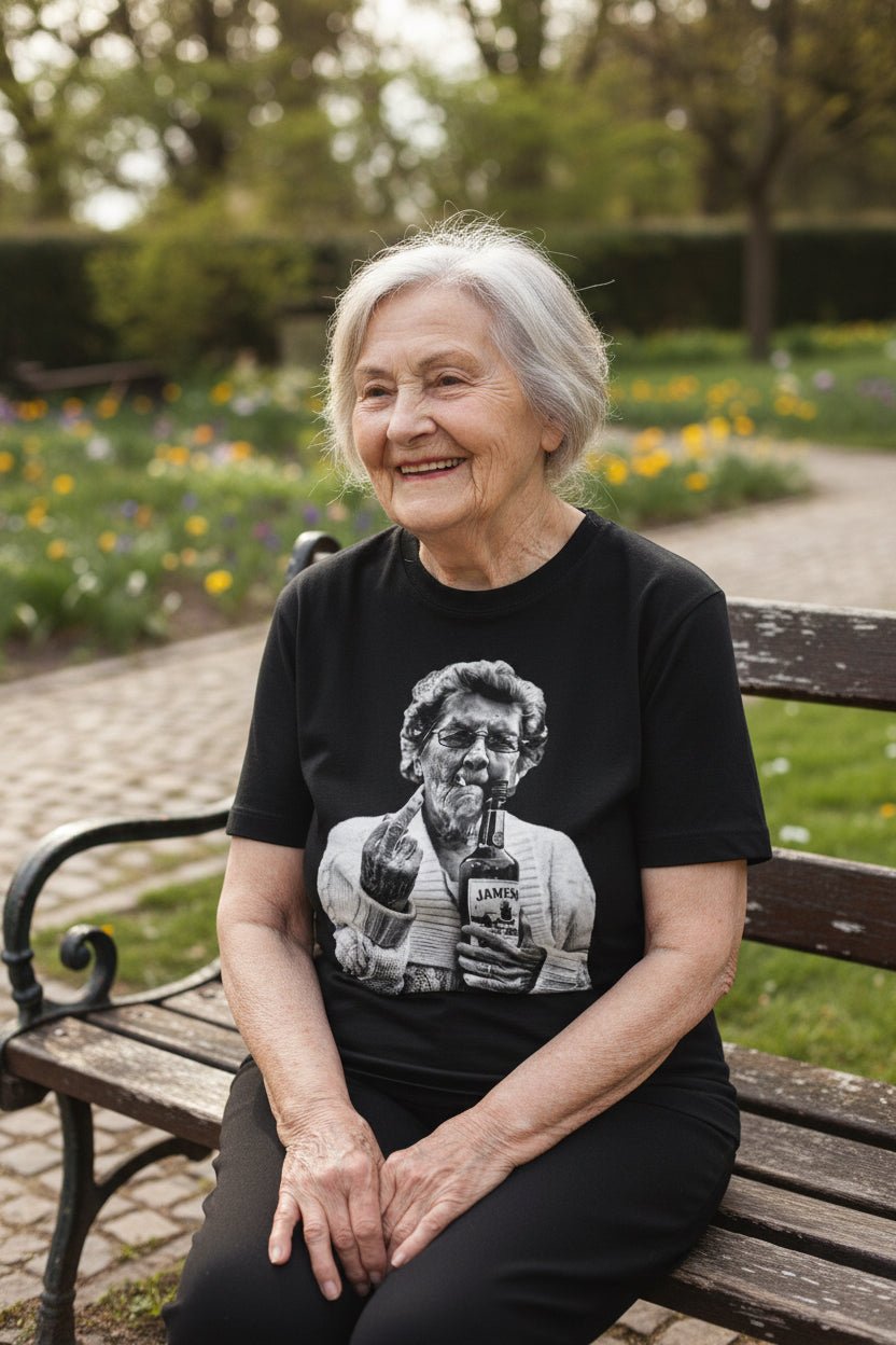 T-Shirt - Granny Middle Finger Holding a Jameson Whiskey Tee | Bella + Canvas Unisex T-shirt from Crypto Zoo Tees