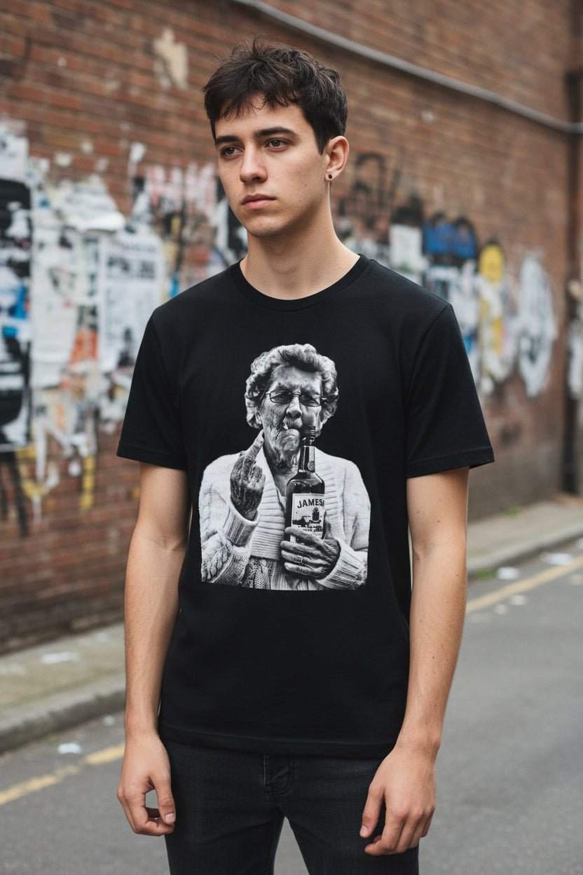 T-Shirt - Granny Middle Finger Holding a Jameson Whiskey Tee | Bella + Canvas Unisex T-shirt from Crypto Zoo Tees