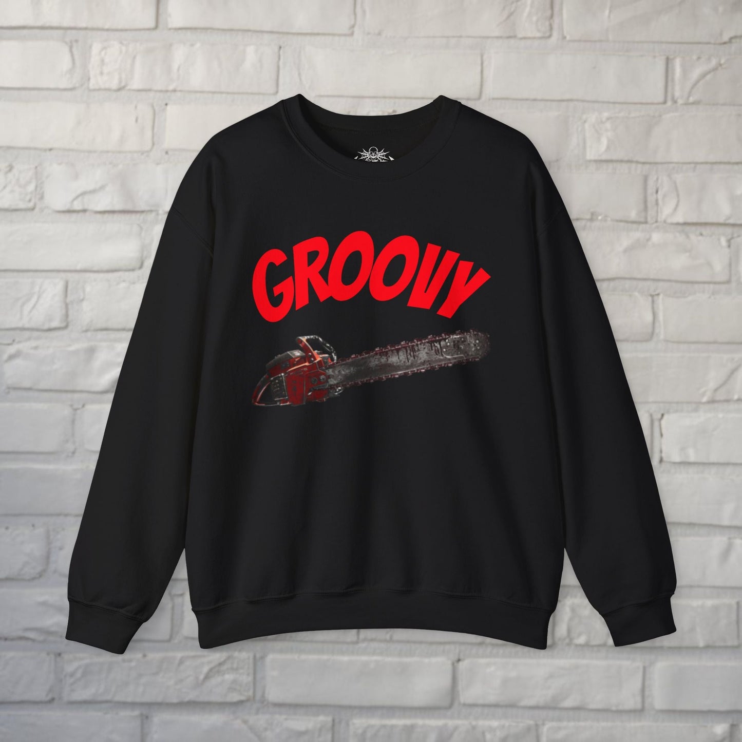 Sweatshirt - Groovy Chainsaw Crewneck | Unisex Crewneck Sweatshirt - Gildan 18000 | Horror | Retro & Vintage from Crypto Zoo Tees