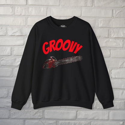 Sweatshirt - Groovy Chainsaw Crewneck | Unisex Crewneck Sweatshirt - Gildan 18000 | Horror | Retro & Vintage from Crypto Zoo Tees