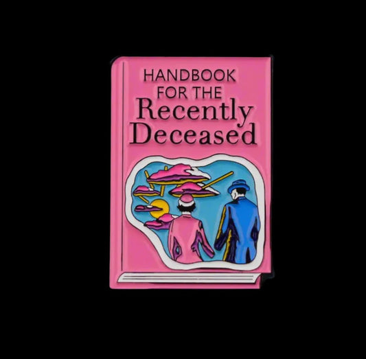  - Handbook for the Recently Deceased Pinback Button | Metal Pinback Button | Funny, Paranormal | Retro & Vintage, Gothic from Crypto Zoo Tees