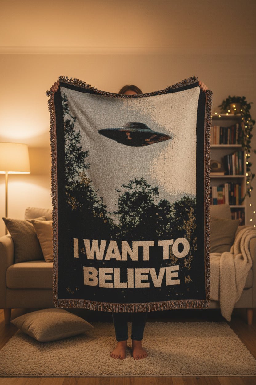 Home Decor - I Want to Believe UFO Blanket | Woven, Fleece, Velveteen Throw | Alien & UFO | Home Decor from SHIRT MONSTERS