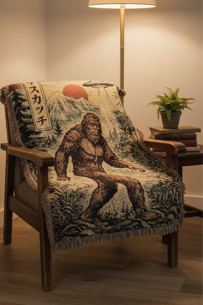 Home Decor - Japanese Bigfoot UFO Blanket | Woven Throw | Alien & UFO, Cryptids from Crypto Zoo Tees