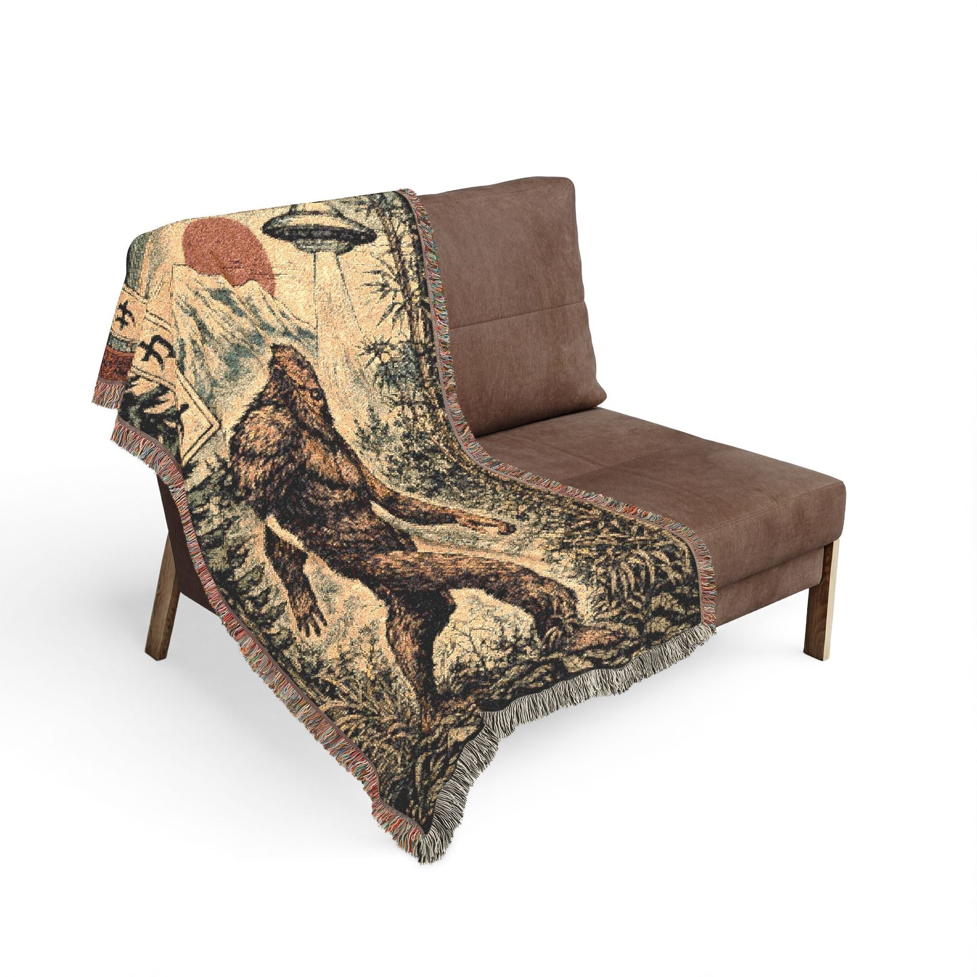 Home Decor - Japanese Bigfoot UFO Blanket | Woven Throw | Alien & UFO, Cryptids from Crypto Zoo Tees