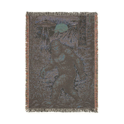 Home Decor - Japanese Bigfoot UFO Blanket | Woven Throw | Alien & UFO, Cryptids from Crypto Zoo Tees