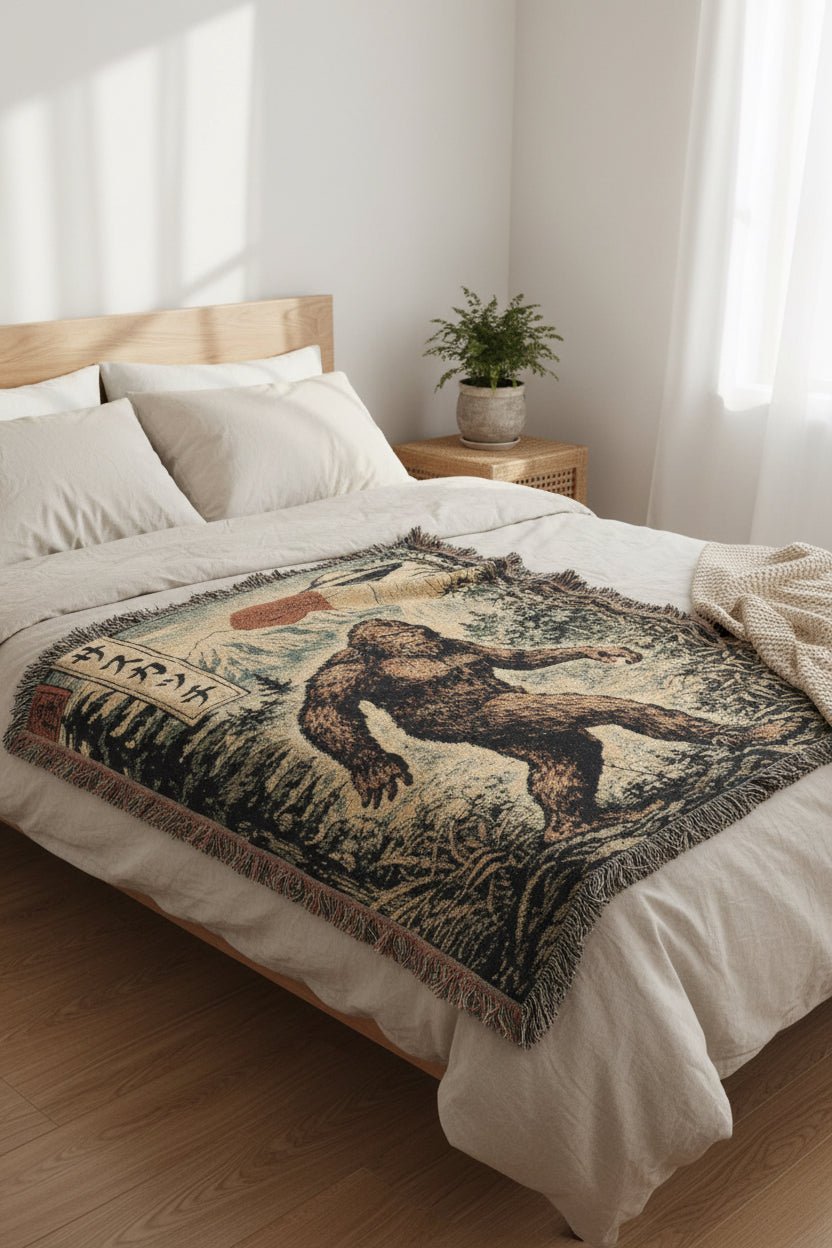 Home Decor - Japanese Bigfoot UFO Blanket | Woven Throw | Alien & UFO, Cryptids from Crypto Zoo Tees