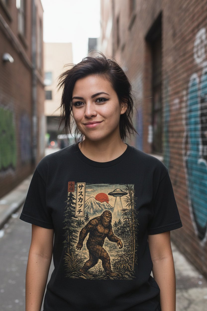 T-Shirt - Japanese Bigfoot UFO Shirt | Unisex Heavy Cotton Gildan 5000 | Bigfoot, Alien & UFO | Retro & Vintage from SHIRT MONSTERS (Formally Crypto Zoo Tees)