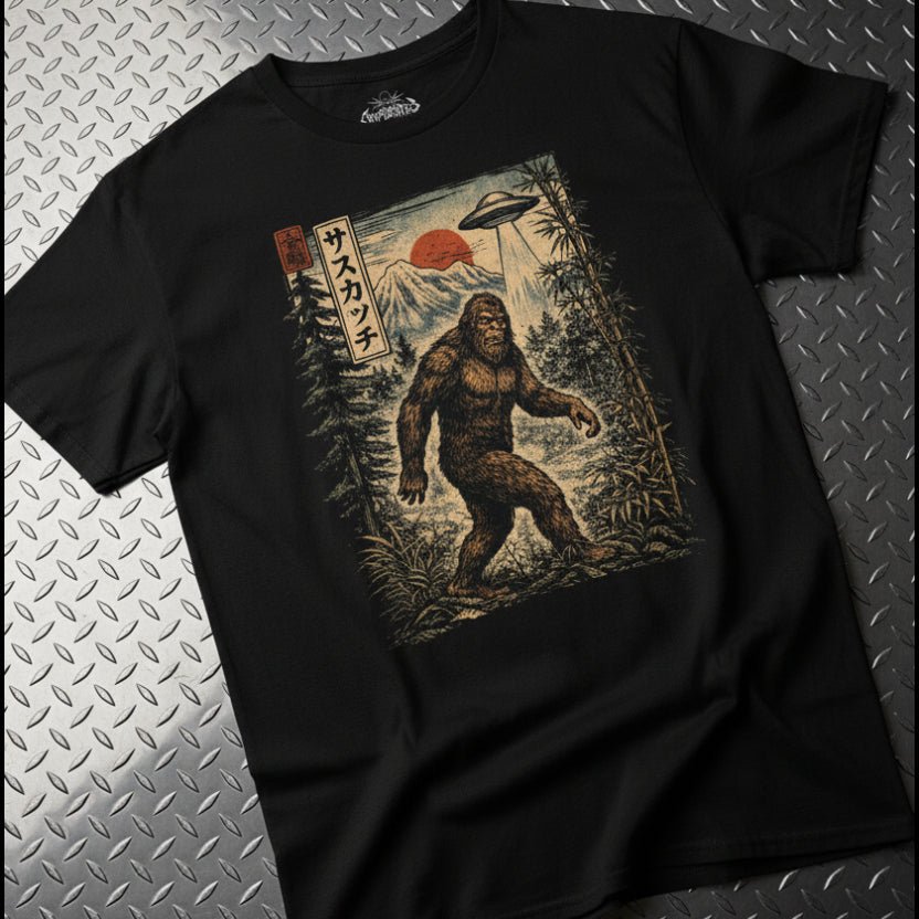 T-Shirt - Japanese Bigfoot UFO Shirt | Unisex Heavy Cotton Gildan 5000 | Bigfoot, Alien & UFO | Retro & Vintage from SHIRT MONSTERS (Formally Crypto Zoo Tees)