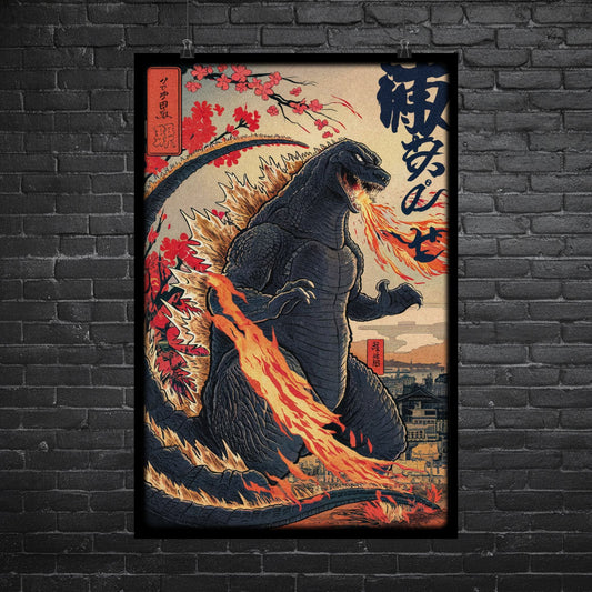 Poster - Japanese Godzilla Woodblock Poster | Retro Movie Decor | Vintage Horror Wall Art | Kaiju Poster for Monster Fans | Unique Gift for Movie from Crypto Zoo Tees