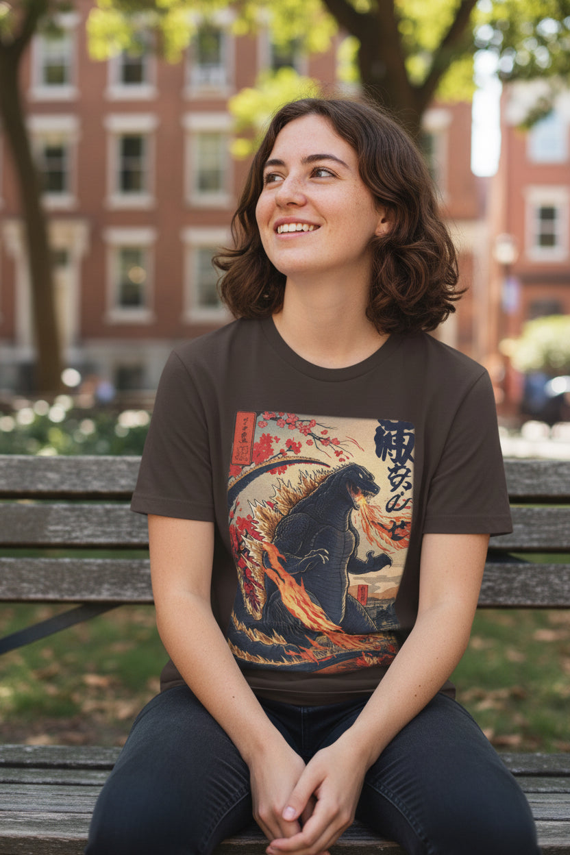 T-Shirt - Japanese Godzilla Woodblock Style Shirt | Bella + Canvas Shirt | Retro Horror from Crypto Zoo Tees