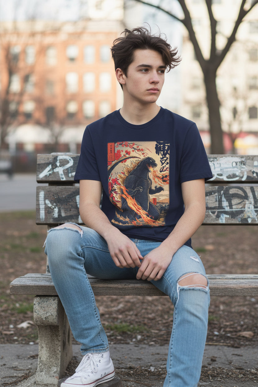 T-Shirt - Japanese Godzilla Woodblock Style Shirt | Bella + Canvas Shirt | Retro Horror from Crypto Zoo Tees