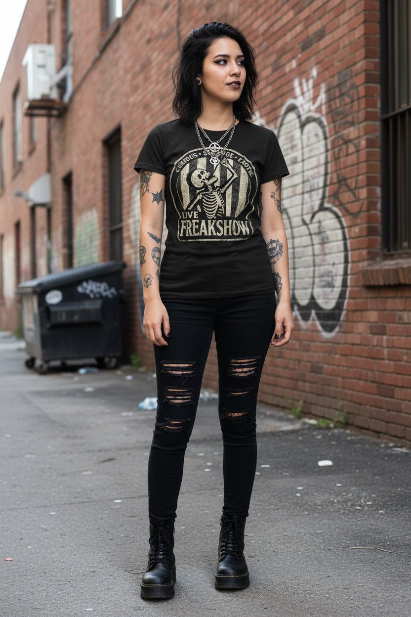 T-Shirt - Live Freakshow Shirt | Ladies Tee - Gildan 5000L | Skulls & Skeletons, Horror | Retro & Vintage from SHIRT MONSTERS