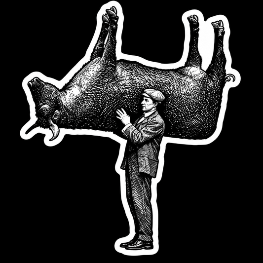 Paper products - Man Carrying an Upside Down Cow Sticker | 4.5" x 3.75" from SHIRT MONSTERS