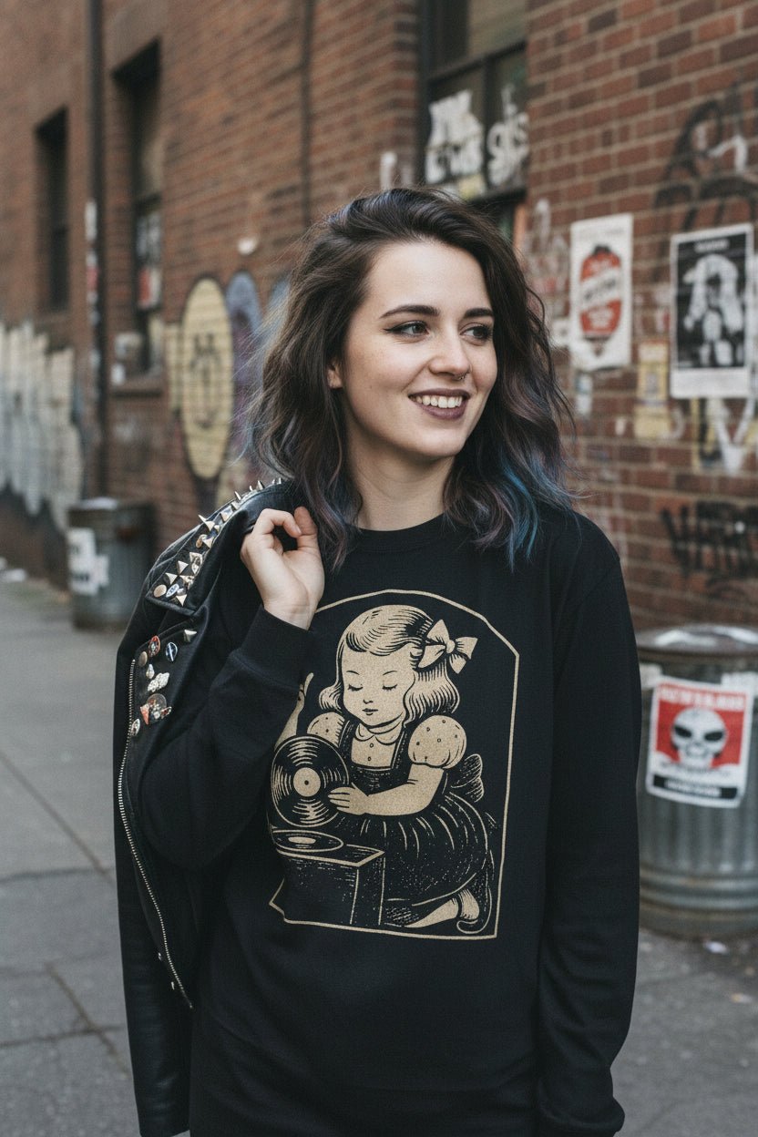T-Shirt - Metal Vinyl Girl Record Player | Graphic Apparel | Music | Metal | ❄️ Pullover Hoodie from SHIRT MONSTERS