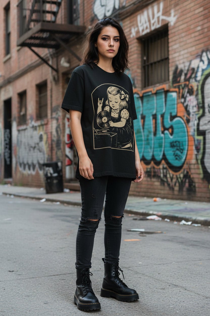T-Shirt - Metal Vinyl Girl Record Player | Graphic Apparel | Music | Metal | ❄️ Pullover Hoodie from SHIRT MONSTERS