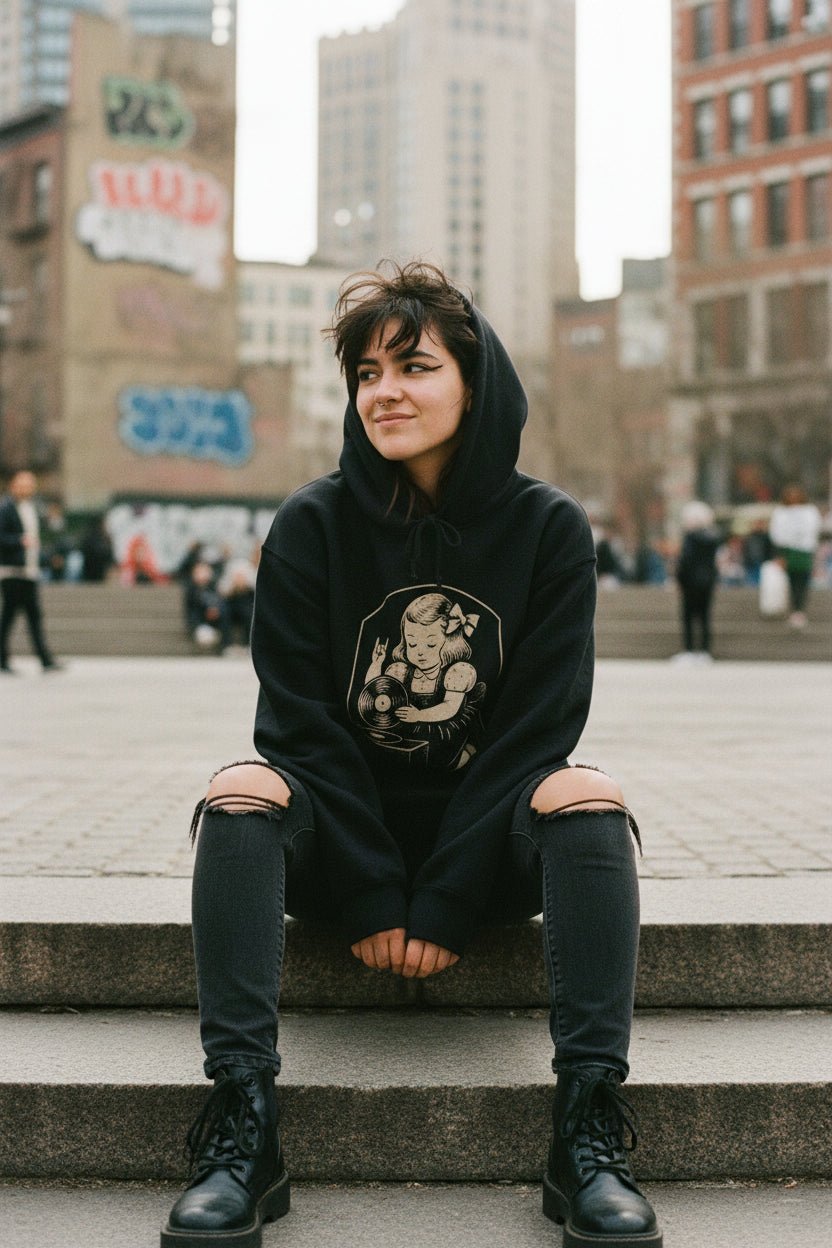 T-Shirt - Metal Vinyl Girl Record Player | Graphic Apparel | Music | Metal | ❄️ Pullover Hoodie from SHIRT MONSTERS