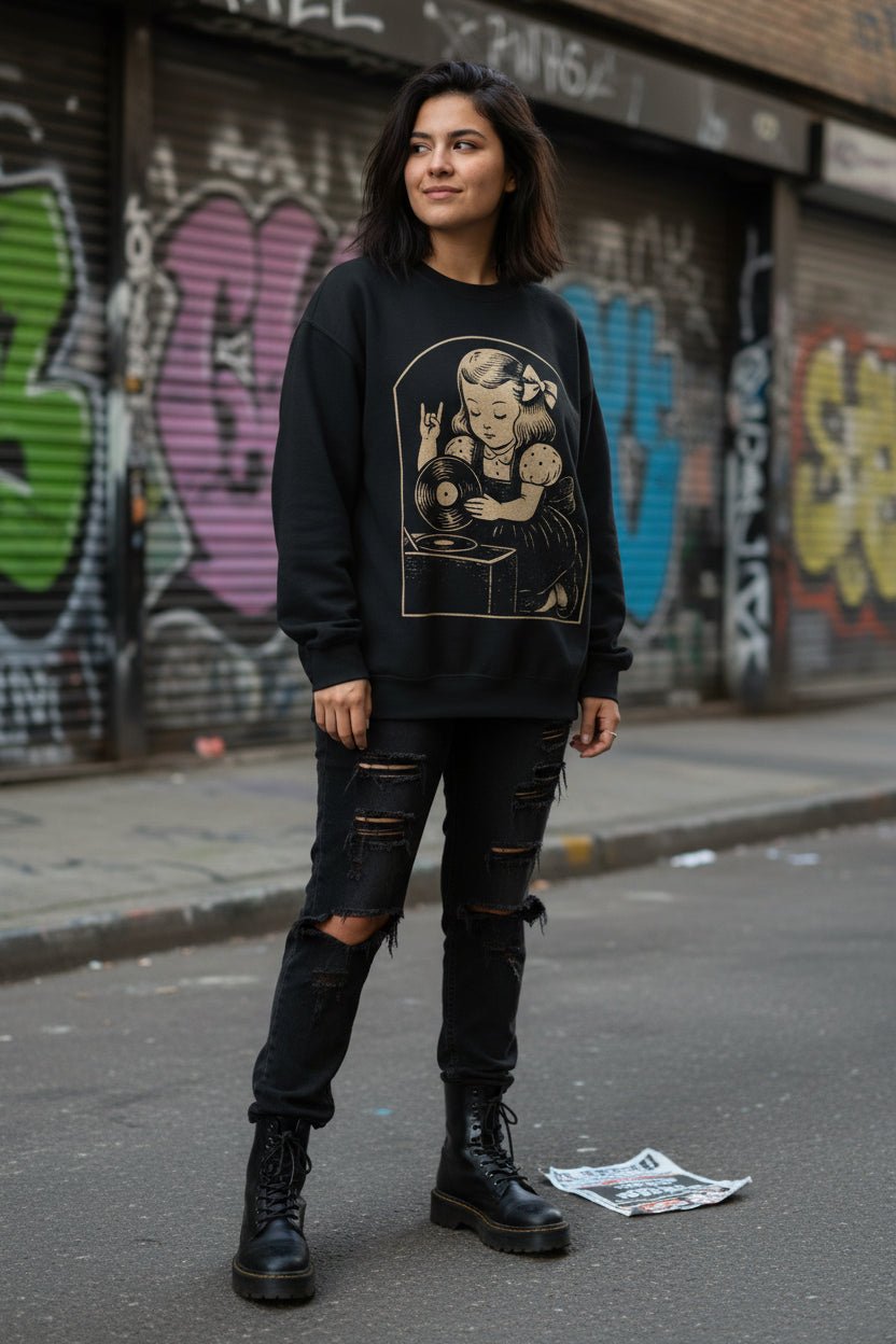 T-Shirt - Metal Vinyl Girl Record Player | Graphic Apparel | Music | Metal | ❄️ Pullover Hoodie from SHIRT MONSTERS