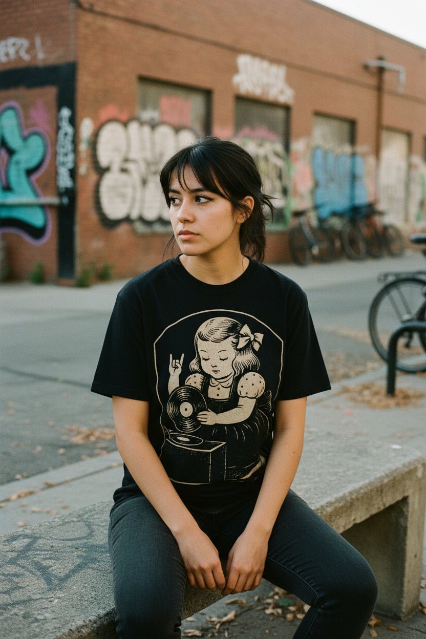 T-Shirt - Metal Vinyl Girl Record Player | Graphic Apparel | Music | Metal | ❄️ Pullover Hoodie from SHIRT MONSTERS