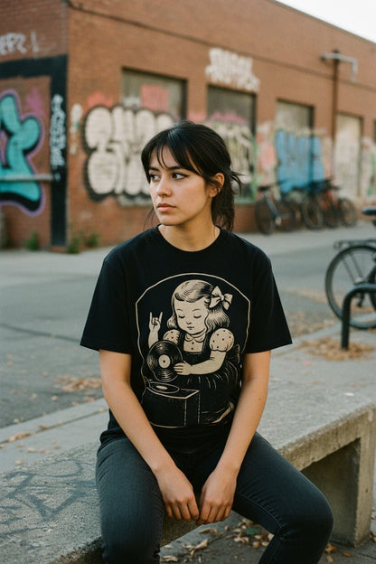 T-Shirt - Metal Vinyl Girl Record Player | Graphic Apparel | Music | Metal | ❄️ Pullover Hoodie from SHIRT MONSTERS