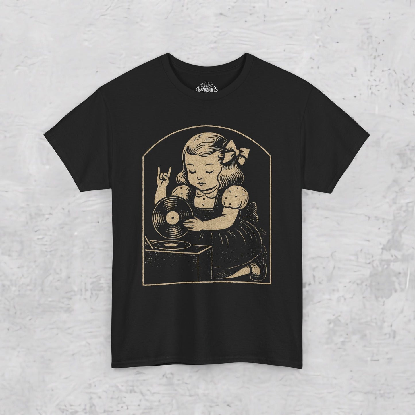 T-Shirt - Metal Vinyl Girl Shirt Record Player Graphic Tee Black T-Shirt Rock Hand Sign Retro Music Style Tee Gift For Punk Rock Vinyl Lover from Crypto Zoo Tees