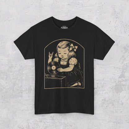 T-Shirt - Metal Vinyl Girl Shirt Record Player Graphic Tee Black T-Shirt Rock Hand Sign Retro Music Style Tee Gift For Punk Rock Vinyl Lover from Crypto Zoo Tees