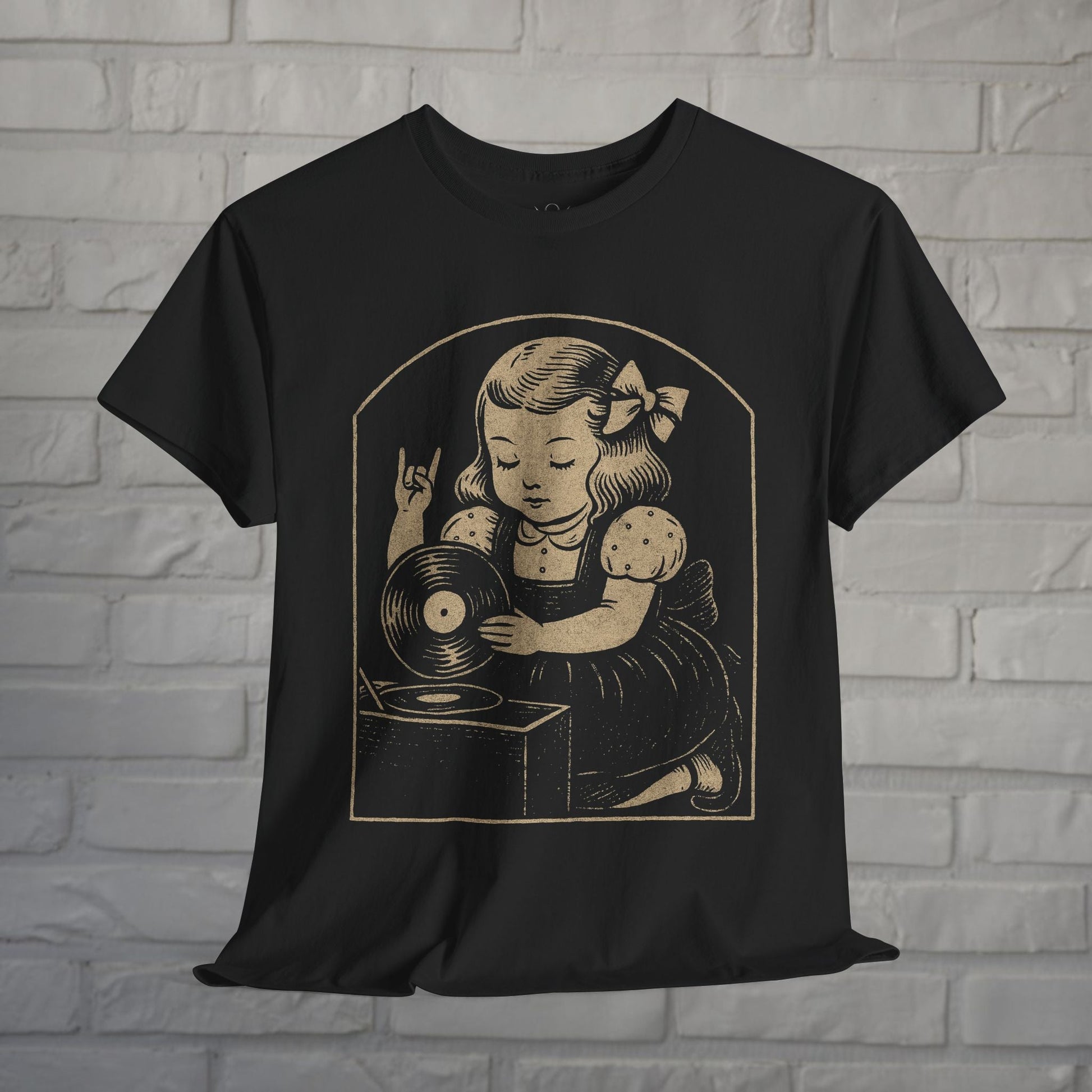 T-Shirt - Metal Vinyl Girl Shirt Record Player Graphic Tee Black T-Shirt Rock Hand Sign Retro Music Style Tee Gift For Punk Rock Vinyl Lover from Crypto Zoo Tees