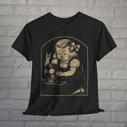 T-Shirt - Metal Vinyl Girl Shirt Record Player Graphic Tee Black T-Shirt Rock Hand Sign Retro Music Style Tee Gift For Punk Rock Vinyl Lover from Crypto Zoo Tees