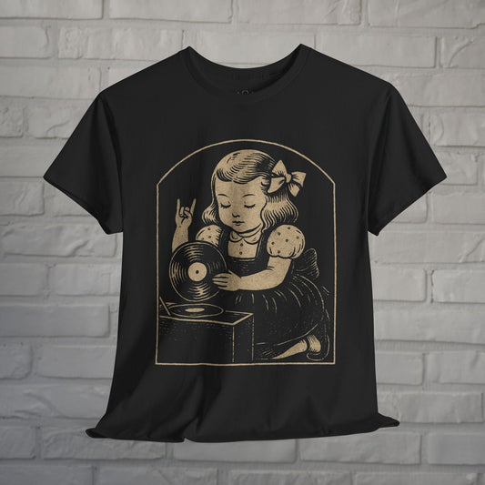 T-Shirt - Metal Vinyl Girl Shirt Record Player Graphic Tee Black T-Shirt Rock Hand Sign Retro Music Style Tee Gift For Punk Rock Vinyl Lover from Crypto Zoo Tees