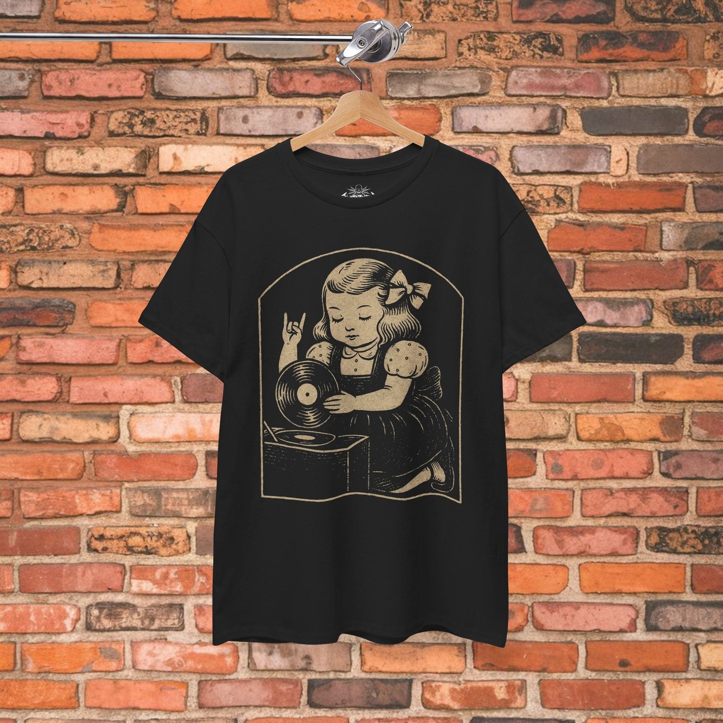 T-Shirt - Metal Vinyl Girl Shirt Record Player Graphic Tee Black T-Shirt Rock Hand Sign Retro Music Style Tee Gift For Punk Rock Vinyl Lover from Crypto Zoo Tees
