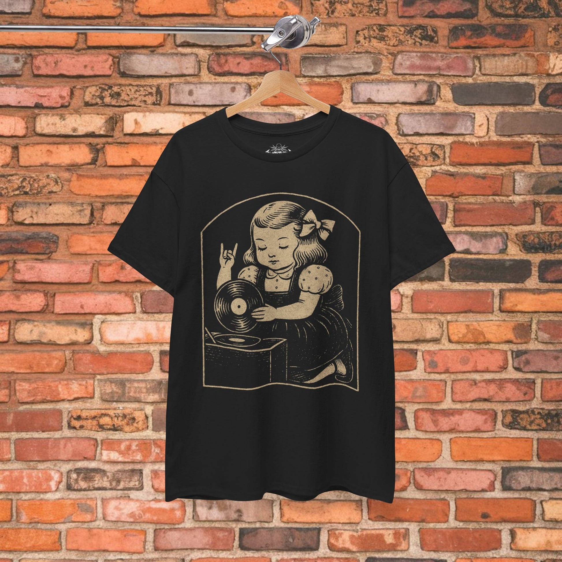 T-Shirt - Metal Vinyl Girl Shirt Record Player Graphic Tee Black T-Shirt Rock Hand Sign Retro Music Style Tee Gift For Punk Rock Vinyl Lover from Crypto Zoo Tees