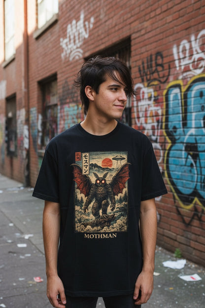 T-Shirt - Mothman Japan Shirt | Unisex Heavy Cotton - Gildan 5000 | Mothman, Cryptids, Horror, Goth/Gothic from Crypto Zoo Tees