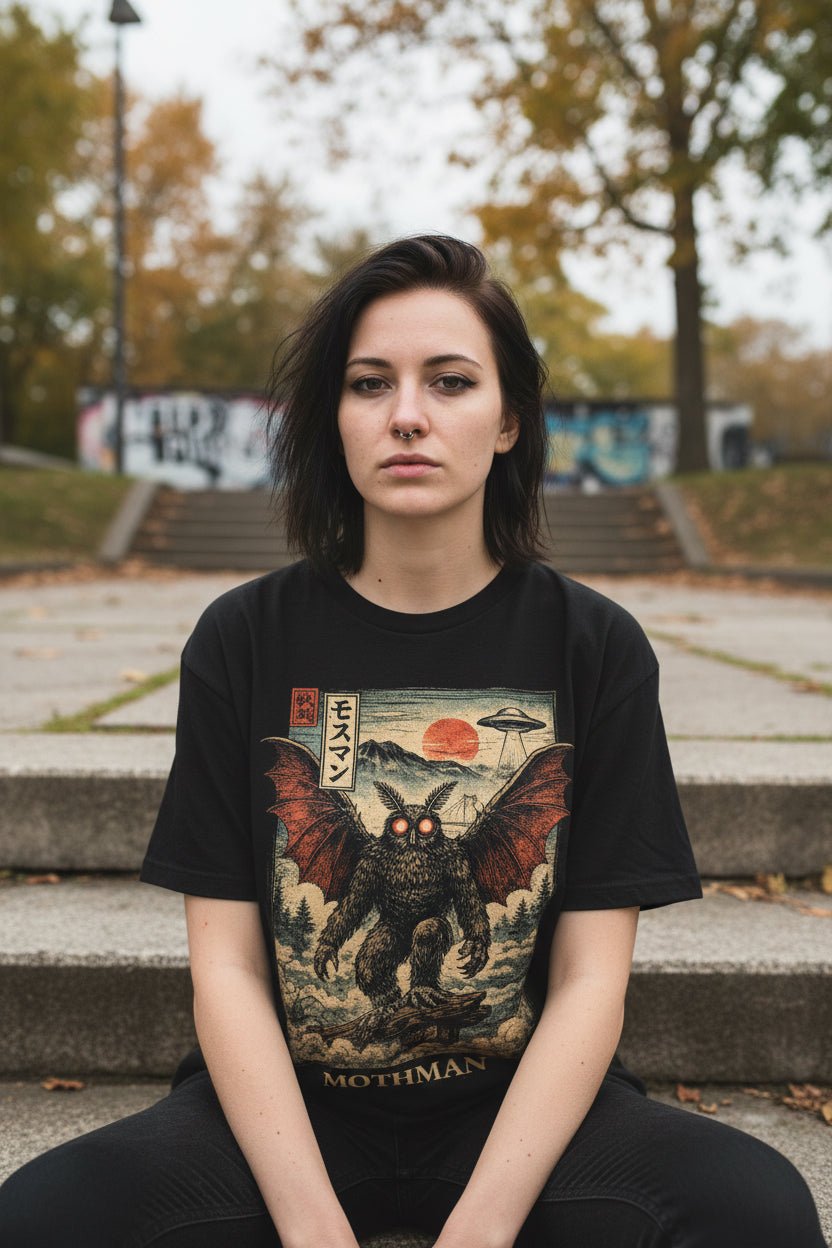 T-Shirt - Mothman Japan Shirt | Unisex Heavy Cotton - Gildan 5000 | Mothman, Cryptids, Horror, Goth/Gothic from Crypto Zoo Tees